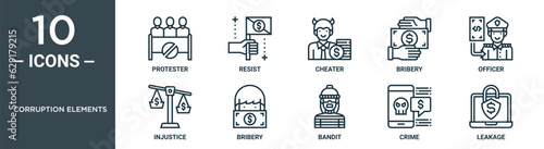 corruption elements outline icon set includes thin line protester, resist, cheater, bribery, officer, injustice, bribery icons for report, presentation, diagram, web design