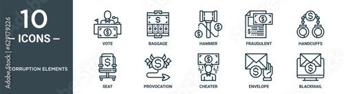 corruption elements outline icon set includes thin line vote, baggage, hammer, fraudulent, handcuffs, seat, provocation icons for report, presentation, diagram, web design