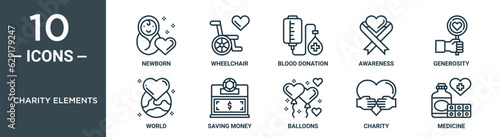 charity elements outline icon set includes thin line newborn, wheelchair, blood donation, awareness, generosity, world, saving money icons for report, presentation, diagram, web design