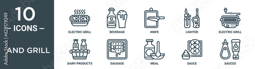 and grill outline icon set includes thin line electric grill, beverage, knife, lighter, electric grill, dairy products, sausage icons for report, presentation, diagram, web design