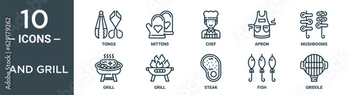 and grill outline icon set includes thin line tongs, mittens, chef, apron, mushrooms, grill, grill icons for report, presentation, diagram, web design