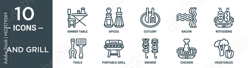 and grill outline icon set includes thin line dinner table, spices, cutlery, bacon, rotisserie, tools, portable grill icons for report, presentation, diagram, web design