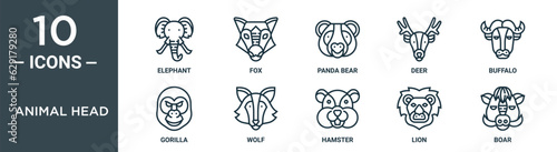 animal head outline icon set includes thin line elephant, fox, panda bear, deer, buffalo, gorilla, wolf icons for report, presentation, diagram, web design