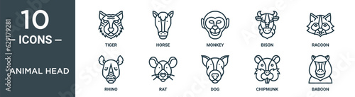 animal head outline icon set includes thin line tiger, horse, monkey, bison, racoon, rhino, rat icons for report, presentation, diagram, web design