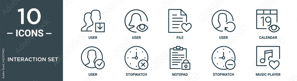 interaction set outline icon set includes thin line user, user, file, user, calendar, stopwatch icons for report, presentation, diagram, web design interaction set outline icon set includes thin line user, user, file, user, calendar, stopwatch icons for report, presentation, diagram, web design