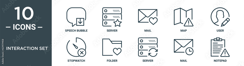 interaction set outline icon set includes thin line speech bubble, server, mail, map, user, stopwatch, folder icons for report, presentation, diagram, web design interaction set outline icon set includes thin line speech bubble, server, mail, map, user, stopwatch, folder icons for report, presentation, diagram, web design