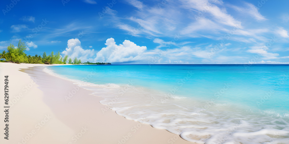 Beautiful sandy beach with white sand and rolling calm wave of turquoise ocean on Sunny day on background white clouds in blue sky. generative Ai
