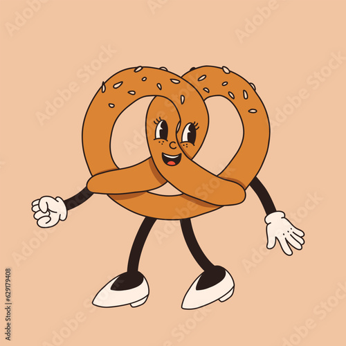 Vector cartoon retro mascot of pretzel. Vintage style 30s, 40s, 50s old animation. The clipart is isolated on a beige background.