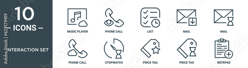 interaction set outline icon set includes thin line music player, phone call, list, mail, mail, phone call, stopwatch icons for report, presentation, diagram, web design