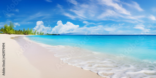 Beautiful sandy beach with white sand and rolling calm wave of turquoise ocean on Sunny day on background white clouds in blue sky. generative Ai  © Mustafa
