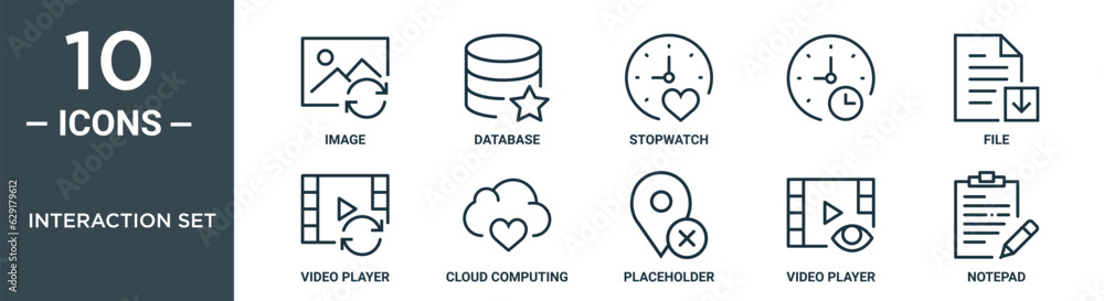 interaction set outline icon set includes thin line image, database, stopwatch, , file, video player, cloud computing icons for report, presentation, diagram, web design interaction set outline icon set includes thin line image, database, stopwatch, , file, video player, cloud computing icons for report, presentation, diagram, web design