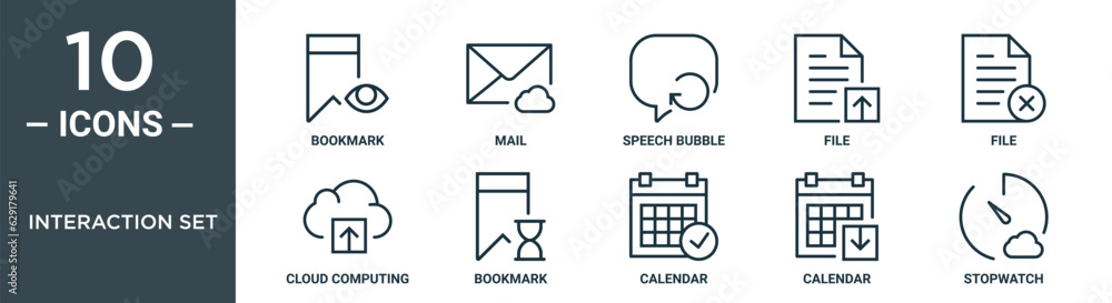 interaction set outline icon set includes thin line bookmark, mail, speech bubble, file, file, cloud computing, bookmark icons for report, presentation, diagram, web design interaction set outline icon set includes thin line bookmark, mail, speech bubble, file, file, cloud computing, bookmark icons for report, presentation, diagram, web design