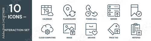 interaction set outline icon set includes thin line calendar, placeholder, phone call, server, bookmark, cloud computing, image icons for report, presentation, diagram, web design