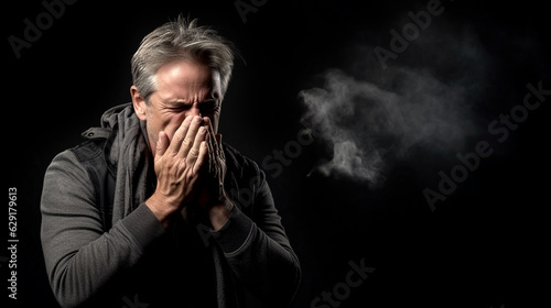 portrait of a man sick man sneezes