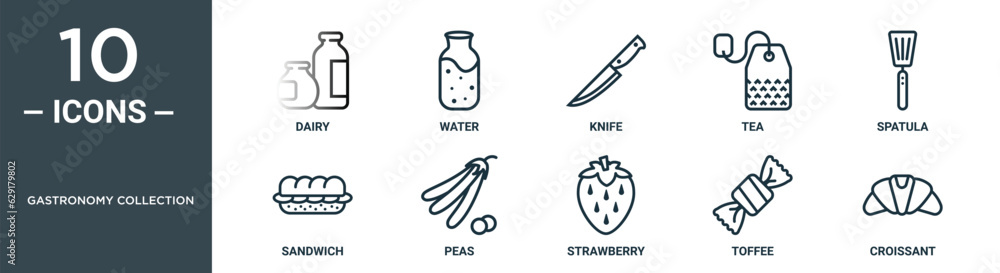 gastronomy collection outline icon set includes thin line dairy, water, knife, tea, spatula, sandwich, peas icons for report, presentation, diagram, web design gastronomy collection outline icon set includes thin line dairy, water, knife, tea, spatula, sandwich, peas icons for report, presentation, diagram, web design