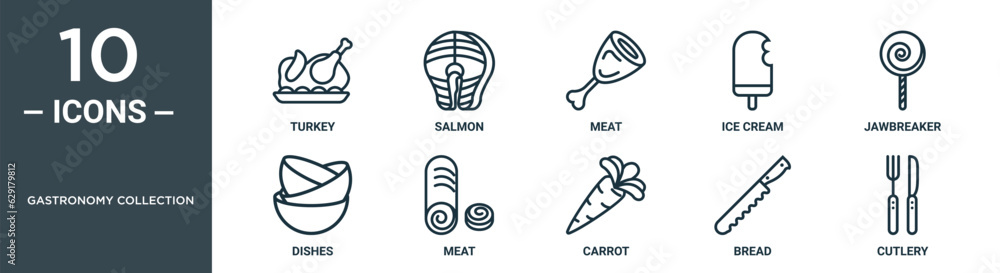 gastronomy collection outline icon set includes thin line turkey, salmon, meat, ice cream, jawbreaker, dishes, meat icons for report, presentation, diagram, web design gastronomy collection outline icon set includes thin line turkey, salmon, meat, ice cream, jawbreaker, dishes, meat icons for report, presentation, diagram, web design