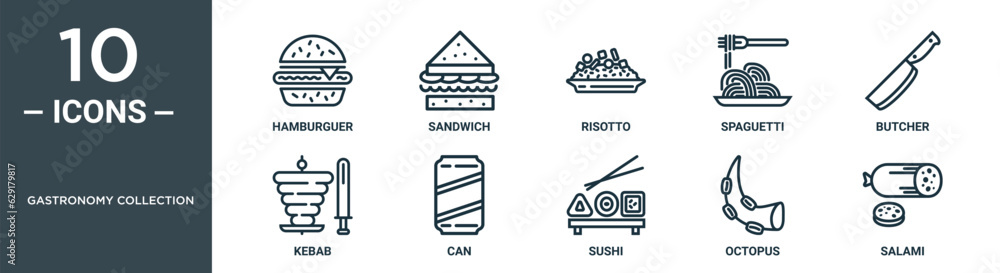 gastronomy collection outline icon set includes thin line hamburguer, sandwich, risotto, spaguetti, butcher, kebab, can icons for report, presentation, diagram, web design gastronomy collection outline icon set includes thin line hamburguer, sandwich, risotto, spaguetti, butcher, kebab, can icons for report, presentation, diagram, web design