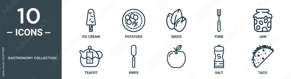 gastronomy collection outline icon set includes thin line ice cream, potatoes, seeds, fork, jam, teapot, knife icons for report, presentation, diagram, web design gastronomy collection outline icon set includes thin line ice cream, potatoes, seeds, fork, jam, teapot, knife icons for report, presentation, diagram, web design