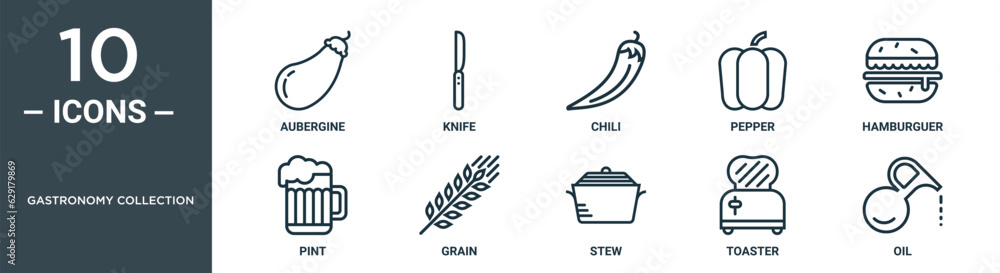 gastronomy collection outline icon set includes thin line aubergine, knife, chili, pepper, hamburguer, pint, grain icons for report, presentation, diagram, web design gastronomy collection outline icon set includes thin line aubergine, knife, chili, pepper, hamburguer, pint, grain icons for report, presentation, diagram, web design