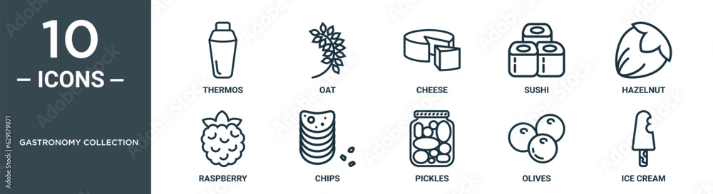 gastronomy collection outline icon set includes thin line thermos, oat, cheese, sushi, hazelnut, raspberry, chips icons for report, presentation, diagram, web design gastronomy collection outline icon set includes thin line thermos, oat, cheese, sushi, hazelnut, raspberry, chips icons for report, presentation, diagram, web design