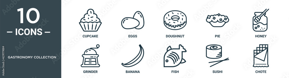 gastronomy collection outline icon set includes thin line cupcake, eggs, doughnut, pie, honey, grinder, banana icons for report, presentation, diagram, web design gastronomy collection outline icon set includes thin line cupcake, eggs, doughnut, pie, honey, grinder, banana icons for report, presentation, diagram, web design