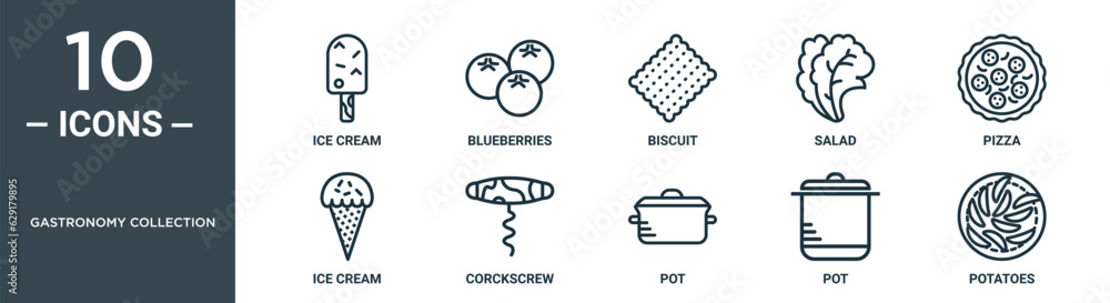 gastronomy collection outline icon set includes thin line ice cream, blueberries, biscuit, salad, pizza, ice cream, corckscrew icons for report, presentation, diagram, web design gastronomy collection outline icon set includes thin line ice cream, blueberries, biscuit, salad, pizza, ice cream, corckscrew icons for report, presentation, diagram, web design