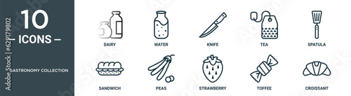 gastronomy collection outline icon set includes thin line dairy, water, knife, tea, spatula, sandwich, peas icons for report, presentation, diagram, web design
