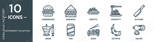 gastronomy collection outline icon set includes thin line hamburguer, sandwich, risotto, spaguetti, butcher, kebab, can icons for report, presentation, diagram, web design