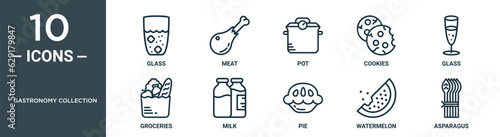 gastronomy collection outline icon set includes thin line glass, meat, pot, cookies, glass, groceries, milk icons for report, presentation, diagram, web design