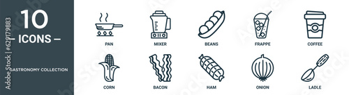 gastronomy collection outline icon set includes thin line pan, mixer, beans, frappe, coffee, corn, bacon icons for report, presentation, diagram, web design