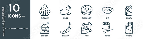 gastronomy collection outline icon set includes thin line cupcake, eggs, doughnut, pie, honey, grinder, banana icons for report, presentation, diagram, web design