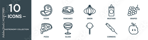 gastronomy collection outline icon set includes thin line steak, pancakes, onion, mustard, grapes, pizza, glass icons for report, presentation, diagram, web design