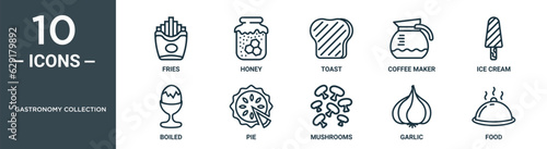 gastronomy collection outline icon set includes thin line fries, honey, toast, coffee maker, ice cream, boiled, pie icons for report, presentation, diagram, web design