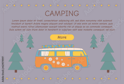 Promotional flyer for camping, travel, hiking, picnic. Vector illustration for poster, banner, cover, advertisement, web page.