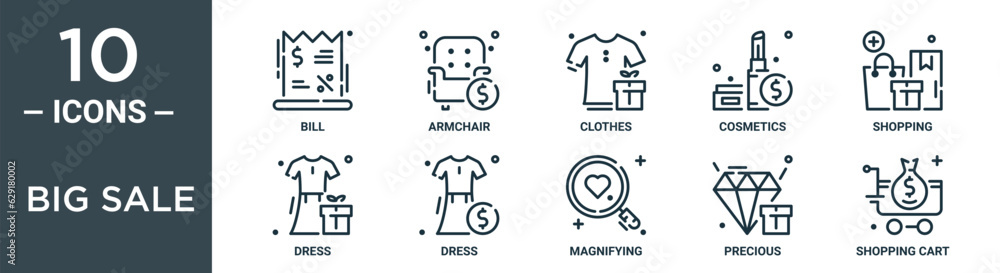 Obraz premium big sale outline icon set includes thin line bill, armchair, clothes, cosmetics, shopping, dress, dress icons for report, presentation, diagram, web design