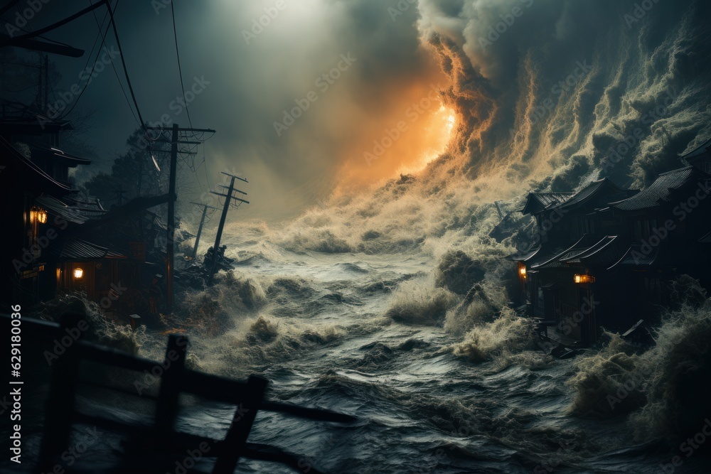dramatic apocalyptic tsunami in the middle of the sea with a stormy sky