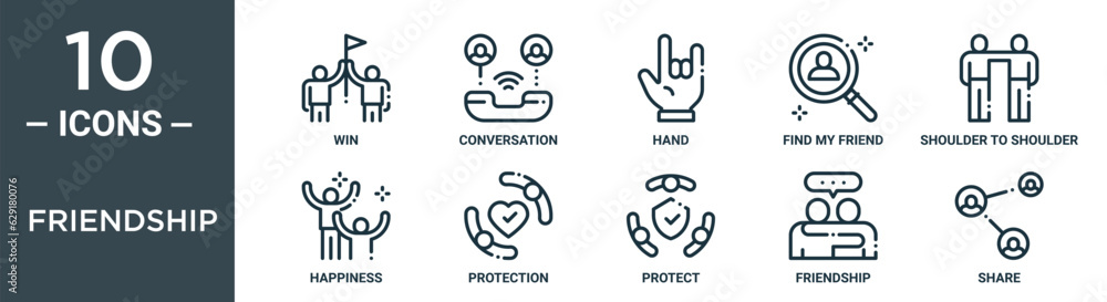 friendship outline icon set includes thin line win, conversation, hand, find my friend, shoulder to shoulder, happiness, protection icons for report, presentation, diagram, web design friendship outline icon set includes thin line win, conversation, hand, find my friend, shoulder to shoulder, happiness, protection icons for report, presentation, diagram, web design
