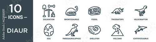diaur outline icon set includes thin line excavation, brontosaurus, fossil, triceratops, velociraptor, egg, parasaurolophus icons for report, presentation, diagram, web design