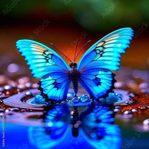 The blue butterfly touches the surface of the water.