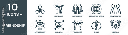 friendship outline icon set includes thin line team, friendship, partnership, around the world, conversation, development, kindness icons for report, presentation, diagram, web design