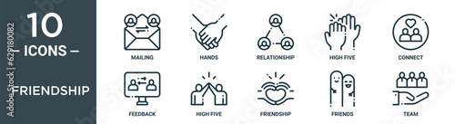 friendship outline icon set includes thin line mailing, hands, relationship, high five, connect, feedback, high five icons for report, presentation, diagram, web design