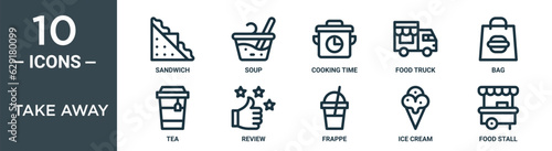 take away outline icon set includes thin line sandwich, soup, cooking time, food truck, bag, tea, review icons for report, presentation, diagram, web design