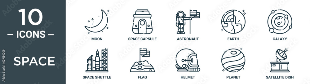 space outline icon set includes thin line moon, space capsule, astronaut, earth, galaxy, space shuttle, flag icons for report, presentation, diagram, web design