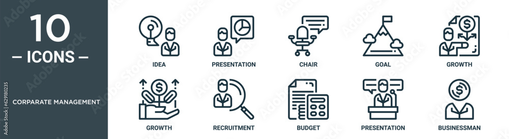 corparate management outline icon set includes thin line idea, presentation, chair, goal, growth, growth, recruitment icons for report, presentation, diagram, web design corparate management outline icon set includes thin line idea, presentation, chair, goal, growth, growth, recruitment icons for report, presentation, diagram, web design