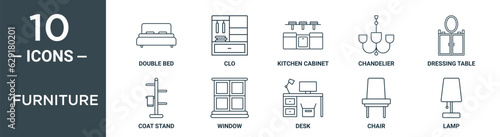 furniture outline icon set includes thin line double bed, clo, kitchen cabinet, chandelier, dressing table, coat stand, window icons for report, presentation, diagram, web design