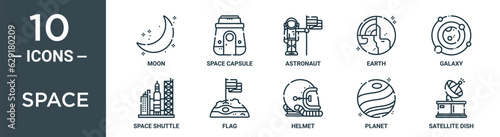 space outline icon set includes thin line moon, space capsule, astronaut, earth, galaxy, space shuttle, flag icons for report, presentation, diagram, web design