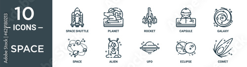 space outline icon set includes thin line space shuttle, planet, rocket, capsule, galaxy, space, alien icons for report, presentation, diagram, web design
