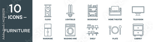 furniture outline icon set includes thin line clock, lightbulb, bookshelf, home theater, television, wardrobe, washing hine icons for report, presentation, diagram, web design