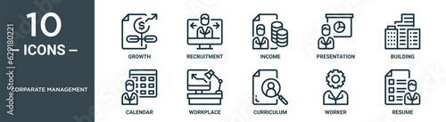 corparate management outline icon set includes thin line growth, recruitment, income, presentation, building, calendar, workplace icons for report, presentation, diagram, web design