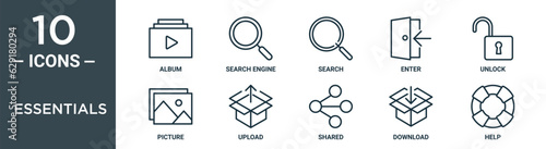 essentials outline icon set includes thin line album, search engine, search, enter, unlock, picture, upload icons for report, presentation, diagram, web design